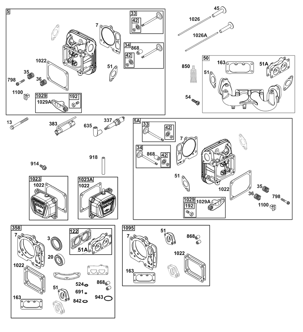 Cylinder Head Group Diagram and Parts List for 49R977-0015-B5 400000 - 699999 Briggs and Stratton Engine